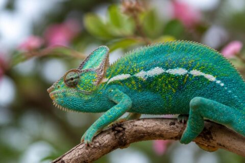 Chameleon jemenský na větvi mění barvy