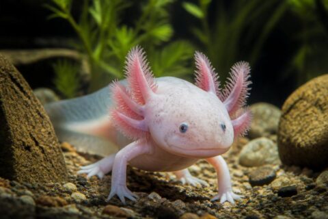 Axolotl mexický v čistém akváriu s jemnými žábrami