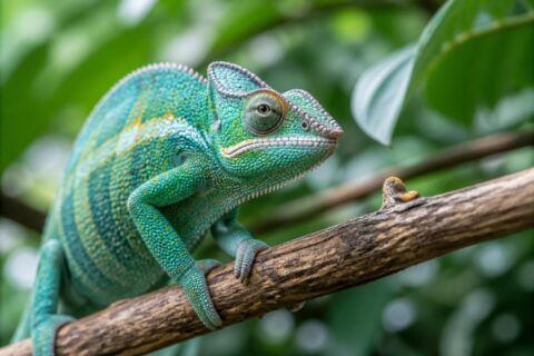 Chameleon na větvi s výrazným zbarvením